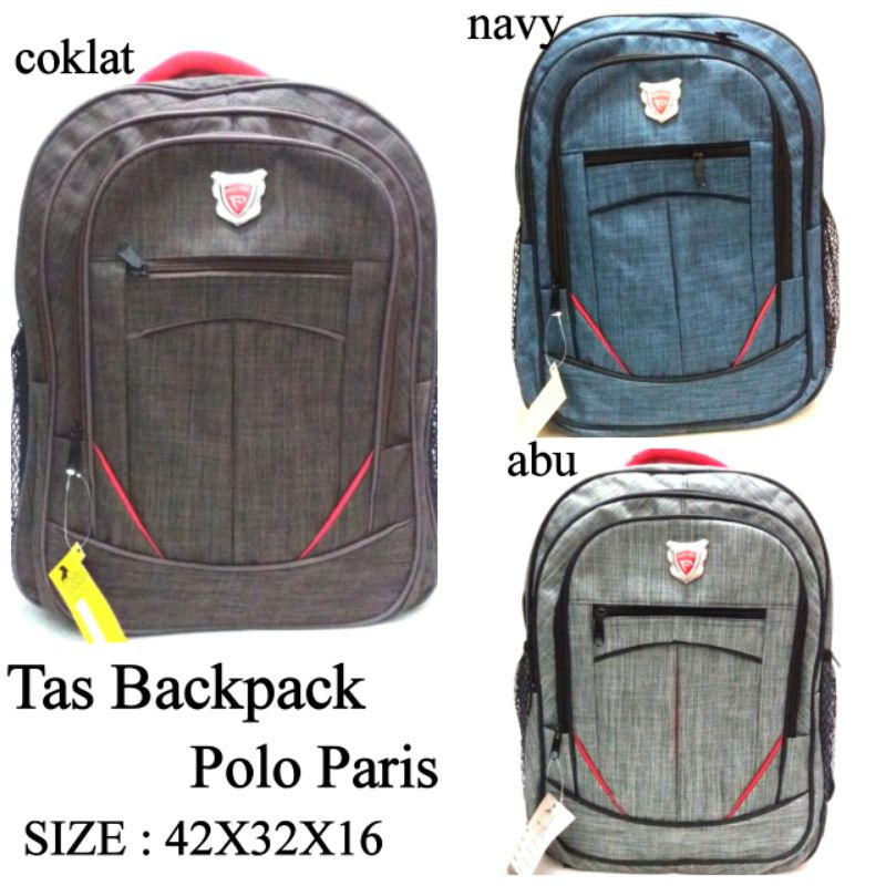 TAS RANSEL POLO PARIS MURAH ADA RAINCOVER WARNA COKELAT NAVY DAN ABU