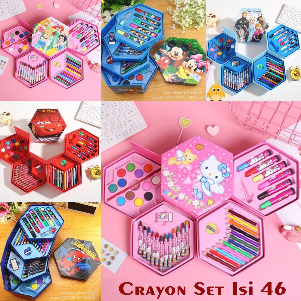 Mikusoo Crayon Set Isi 46 Pensil Warna Alat Lukis Mewarnai Spidol Cat Air Kartun Anak