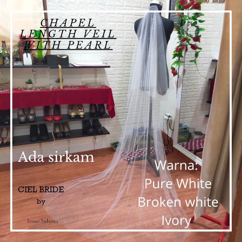 custom made chapel length veil with pearl wedding pengantin ekor dengan taburan mutiara