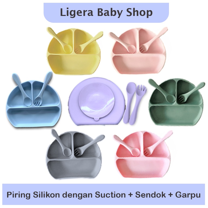 LIGERA Premium SET Suction Plate Silicone Makan Piring Sekat Anti Tumpah Sendok Garpu Bayi Anak