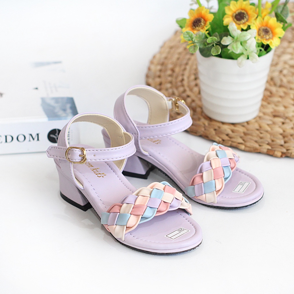 Sandal Heels Anak Perempuan Motif Kepang Tali Belakang Hak Tahu Tinggi 3 Cm