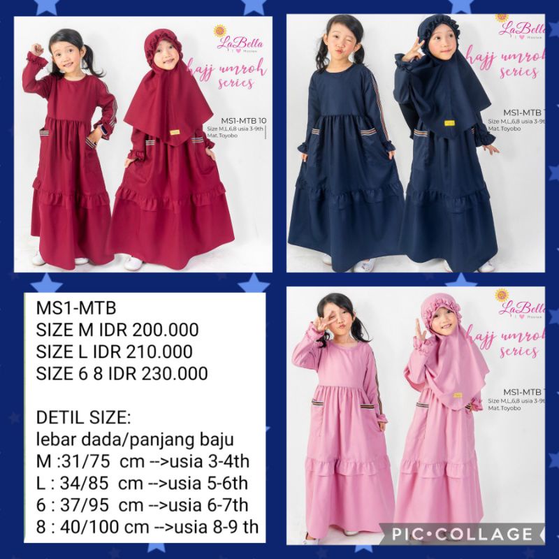 Labella Gamis Anak Perempuan Baju Muslim Anak Cewe Bahan Toyobo Halus Adem Warna Maroon, Pink, Navy 