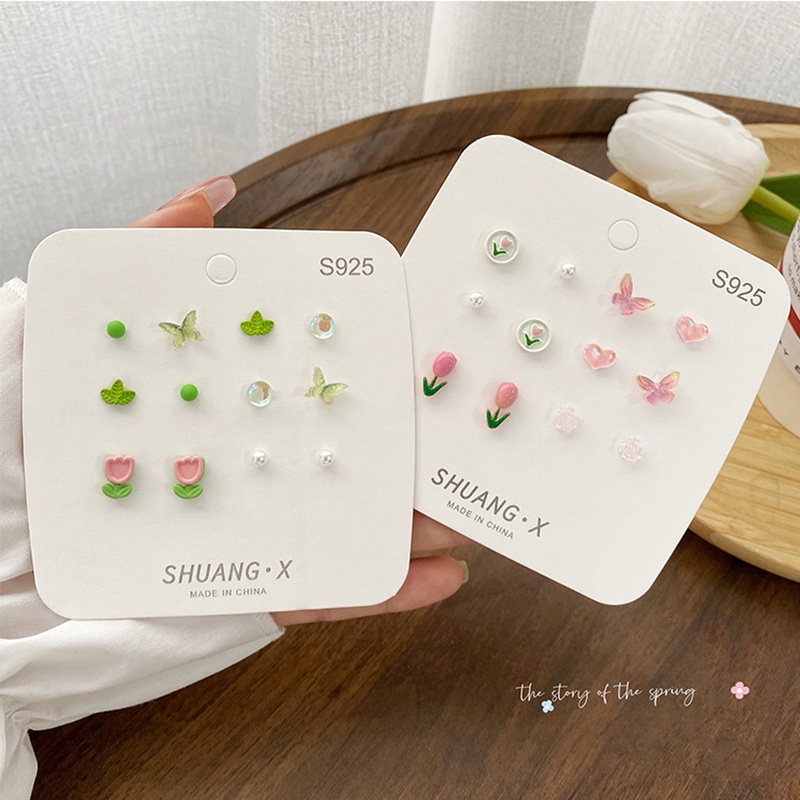 6 Pasang / Set Anting Stud Desain Bunga Tulip Kupu-Kupu Aksen Mutiara Warna-Warni Untuk Wanita