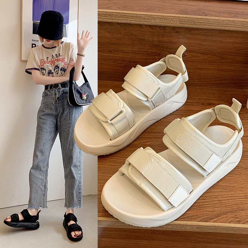 9.9 SALE Sandal Tali Wanita Cream Sandal Gunung Warna Polos Wanita Sandal Strap Sandal Gunung Wanita Sandal Wanita Karet berkualitas tinggi yang diimpor dari Korea Selatan, ringan, lembut, nyaman dan tidak licin Size35-40