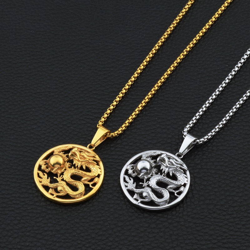 Kalung Liontin Jimat Keberuntungan Desain Naga Hollow Gaya Klasik China Untuk Pria