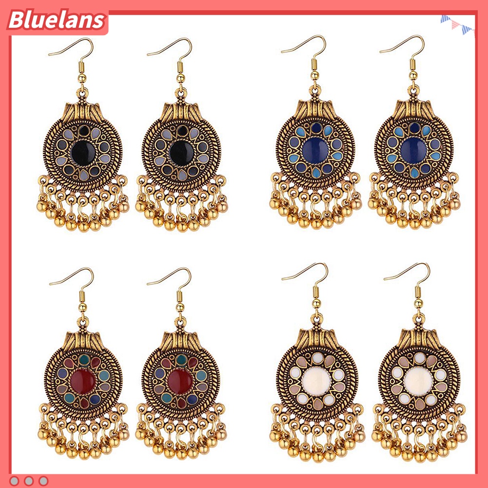 Bluelans Women Ethnic Tassel Disc Flower Bead Pendant Long Dangle Hook Earring Jewelry