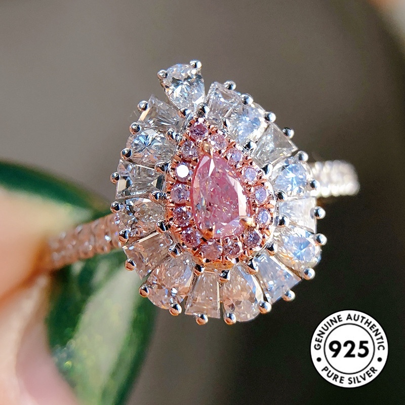 Cincin S925 Silver Bentuk Water Drop Aksen Berlian Warna Pink Untuk Wanita