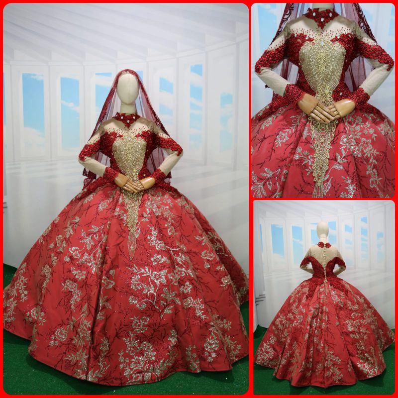 PROMO Gaun Merah-Gold Non Ekor