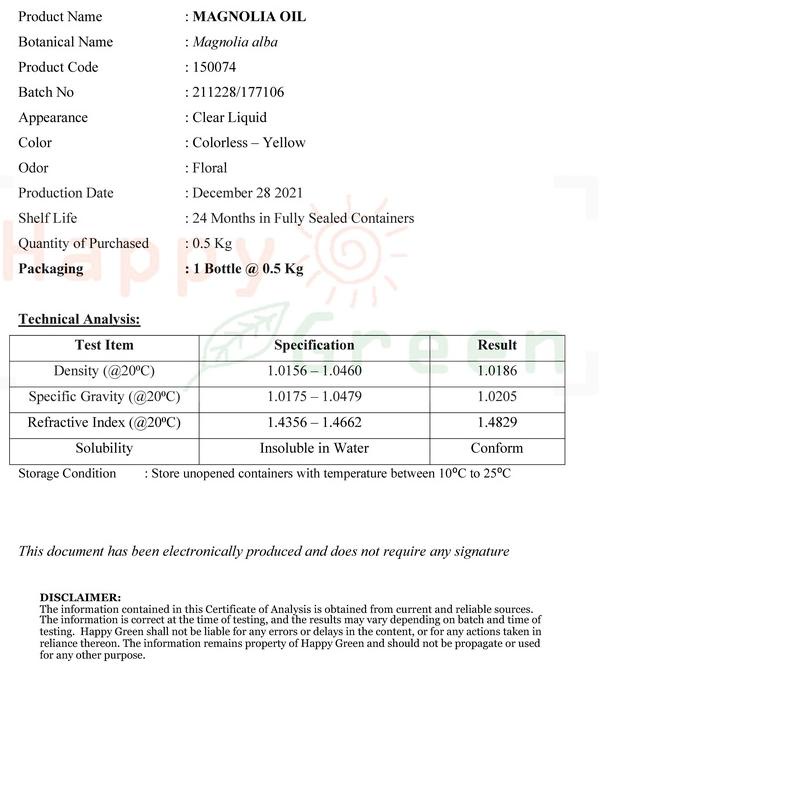Happy Green Magnolia Essential Oil - Minyak Bunga Michelia Alba Cempaka Putih Kantil 100% Murni Gara