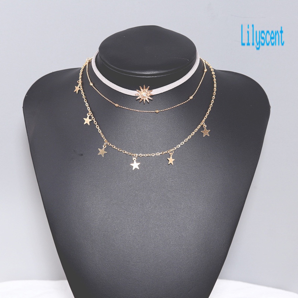 3pcs Kalung Choker 3 Lapis Bentuk Matahari Bintang Aksen Berlian Imitasi Untuk Wanita