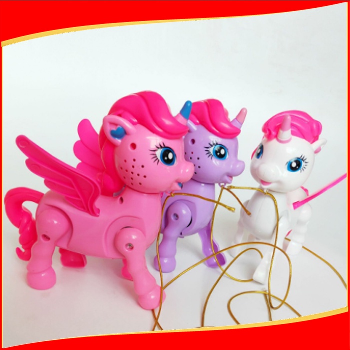 Mainan Kuda Poni Berjalan Elektrik dengan Lampu + Tali untuk Anak