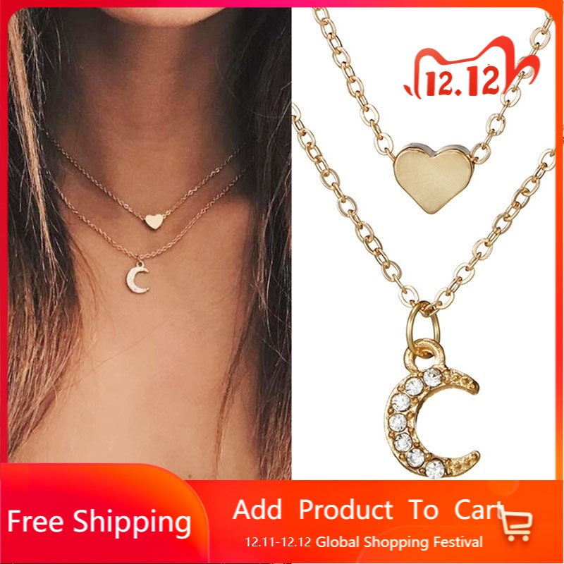 【Kifli】【Kifli】Retro Double-Layer Kalung Cinta Bulan Liontin Peach Hati Rantai Klavikula Aksesoris Fashion