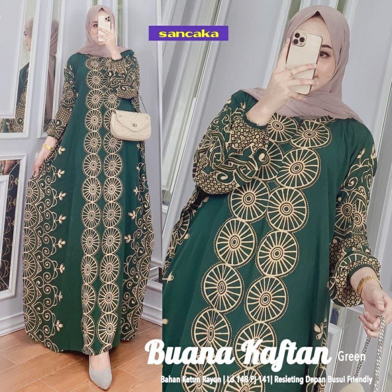 Buana Kaftan Wanita Jumbo XXXXL Motif Roda Lengan Panjang Busui Resleting / Gamis Rayon Jumbo Kaftan Terbaru