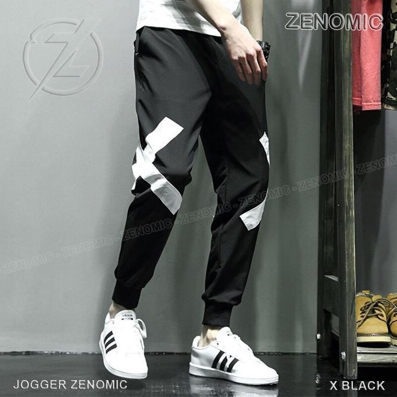 Celana Jogger Pants Pria Keren Zenomic Distro Hypebeast Harem X Black White & Red - Celana Panjang T
