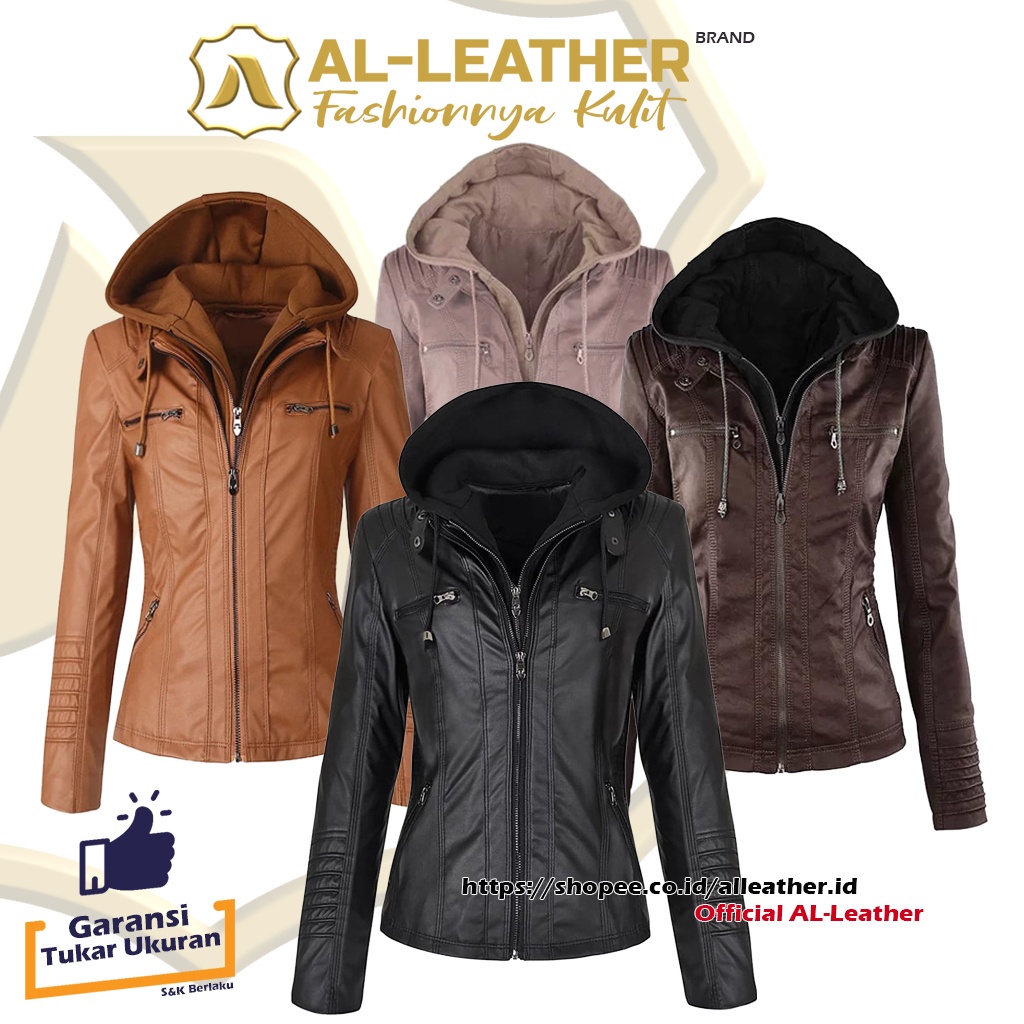 AL-Leather Jaket Kulit Wanita Hoodie Hitam Coklat Tan Moka S/M/L/XL/XXL