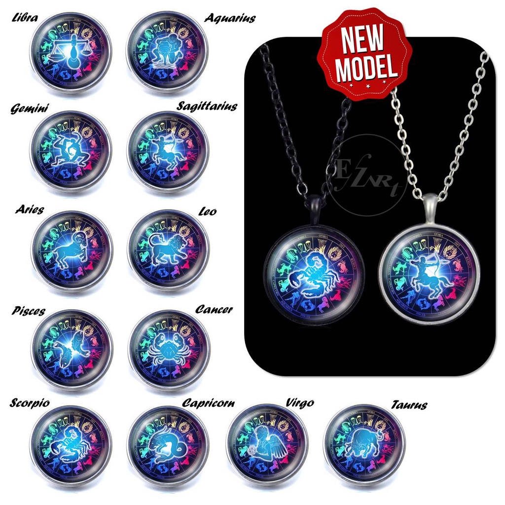 MODEL BARU - KALUNG ZODIAK 12 ZODIAC WHEEL DIAGRAM HOROSCOPE LIONTIN KACA RANTAI HITAM SILVER