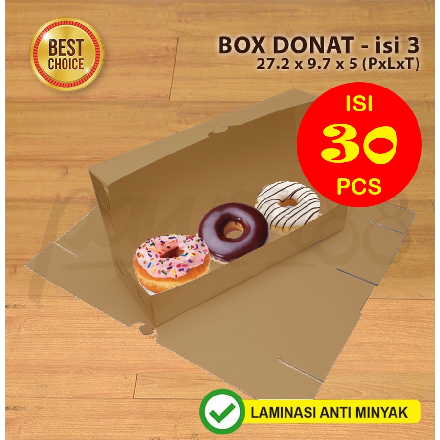 Kotak Donat - Box Donat - Dus Donat KRAFT COKLAT -  isi 3  - (30 Pcs)