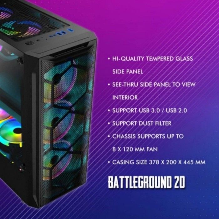 Casing GAMING Simbadda BattleGround 20 Tempered Glass Mid Tower ATX