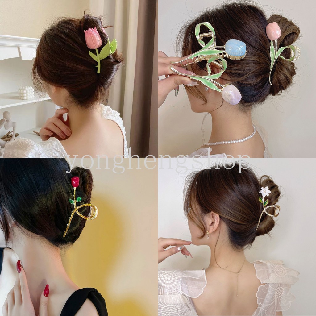 Jepit Rambut Ponytail Desain Bunga Bahan Metal Untuk Wanita