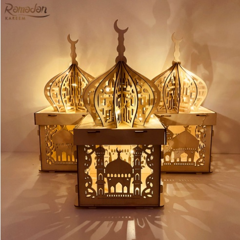 [ORGM] *IDUL FITRI* Lampu LED Pajangan Meja Bahan Kayu Motif Masjid Eid Mubarak Ramadan