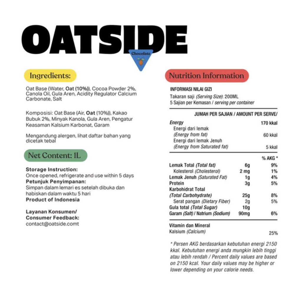 Oatside Chocolate Milk 1liter - Oat - Gosend/Grab