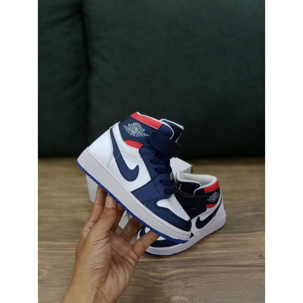 SEPATU ANAK AJ 1 HIGH WHITE NAVY BLUE