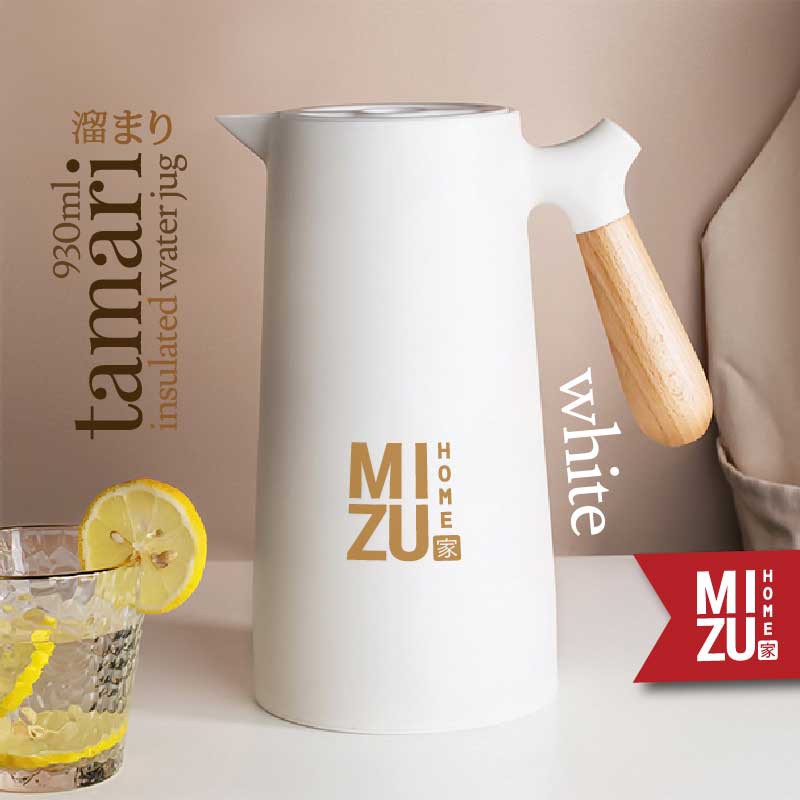 MIZU TAMARI 930ml Insulated Water Jug Teko Termos Kaca Air/Kopi/Teh Panas/Dingin Thermos Glass Jug-WHITE putih