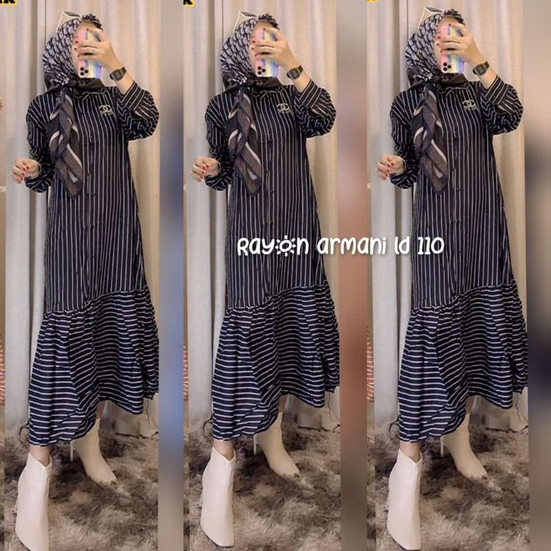 Dress Rayon Garis-Garis Hitam/Maxy/Tunis Rayon/Gamis Kondangan
