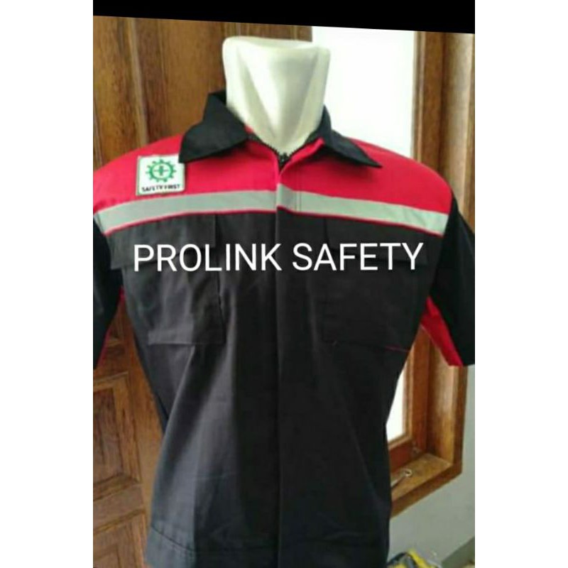 SERAGAM SAFETY LENGAN PENDEK FREE LIGO KE BENDERA MERAH KOMBINASI DONGKER RESLETING KAIN DRILL