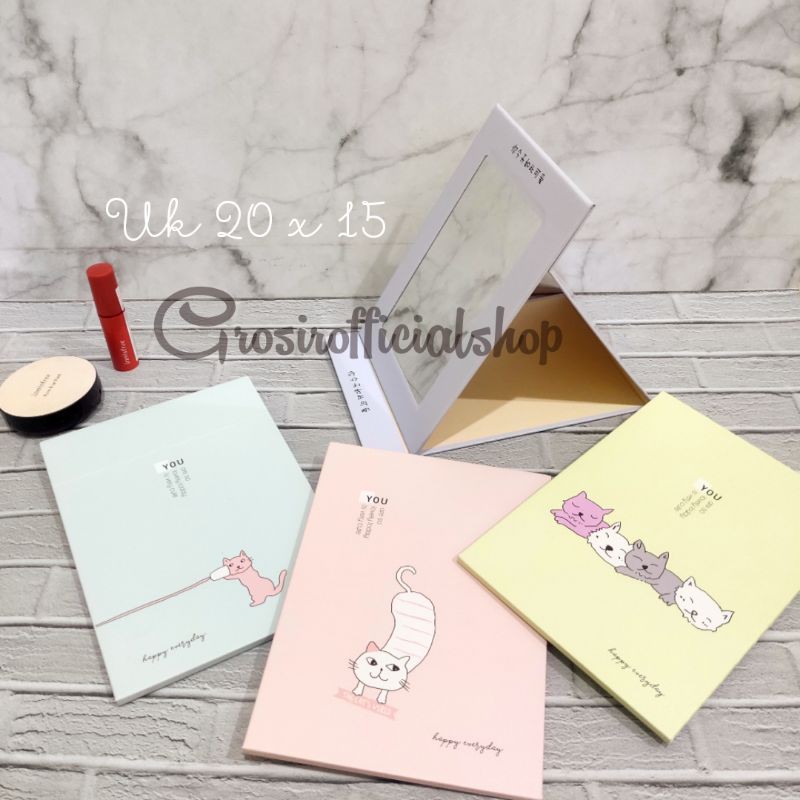 Kaca Cermin Rias Model buku Uk 20 x 15 / Cermin Lipat / Cermin Cover Lucu-#4 CUTE CAT