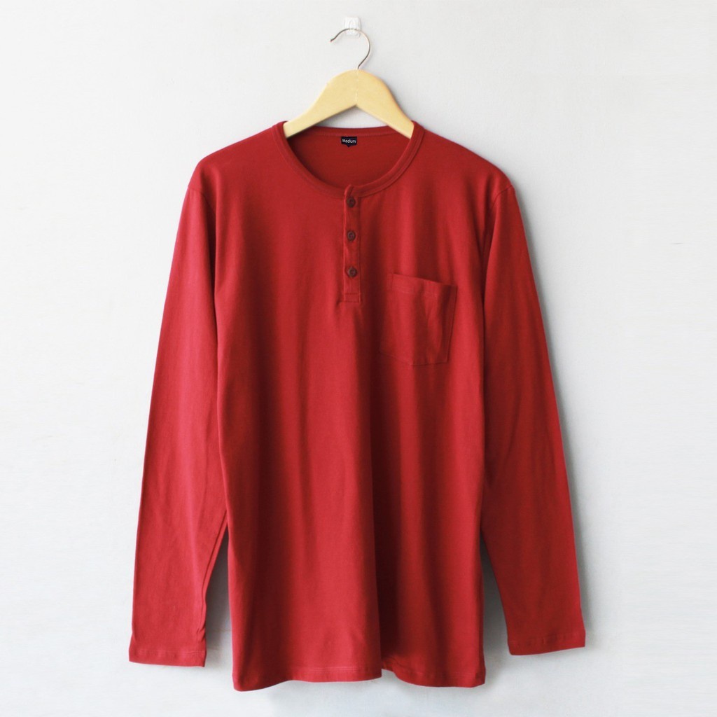 KAOS SAKU KANCING PRIA POLOS WARNA MAROON SOLID HENLEY TANGAN PANJANG UKURAN S-XL BAHAN COTTON COMBED 30S ORGINAL