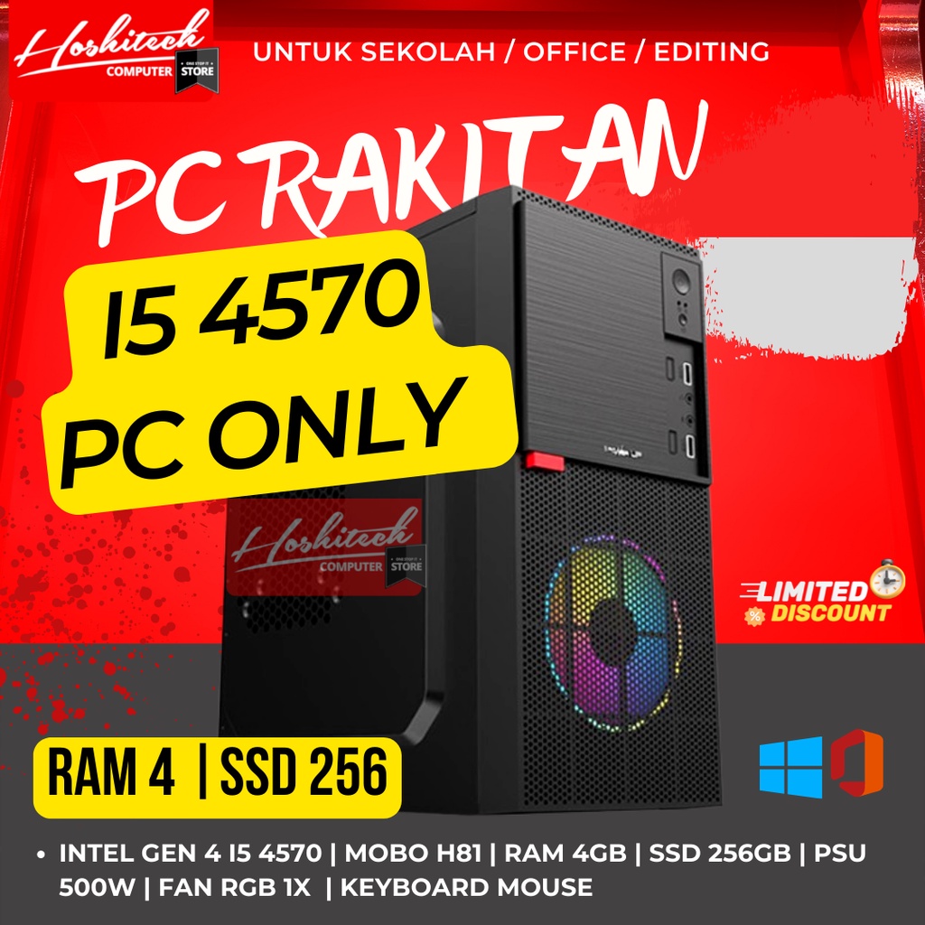 PC RAKITAN I5 SEKOLAH EDITING 4570 RAM 4GB SSD256 MONITOR 19 INCH