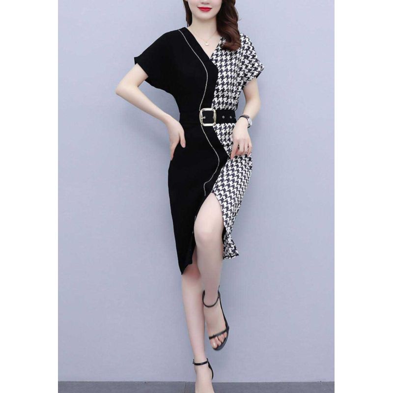 Dress wanita warna hitam ada motif sebelah kotak kotak katun silk Korea lengan pendek elegant
