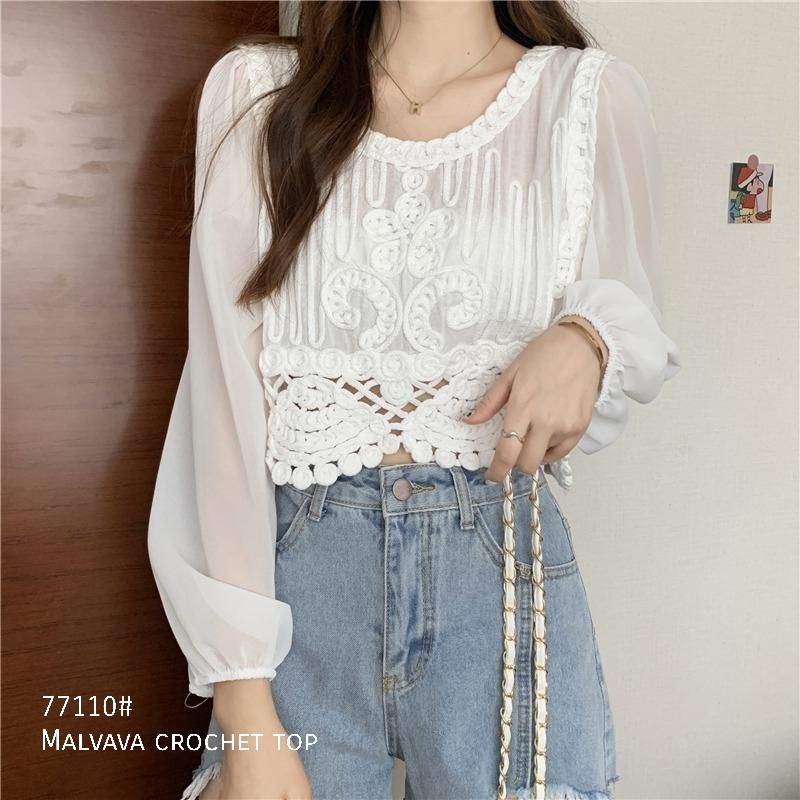 MDLV ~ 77110 MALVAVA CROCHET TOP KOREA IMPORT ATASAN CROP LENGAN PANJANG BRUKAT FASHION IMPORT
