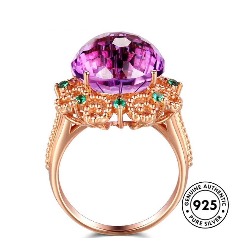 Cincin Sterling Silver 925 Model Hollow Dengan Batu Amethyst Warna Rose Gold Untuk Wanita