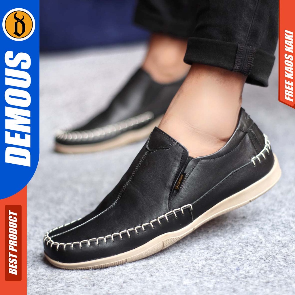 DEMOUS DIVOC Sepatu Casual Slip On Pria Kulit Asli Sepatu Kerja Santai Hitam Slop Murah Kekinian