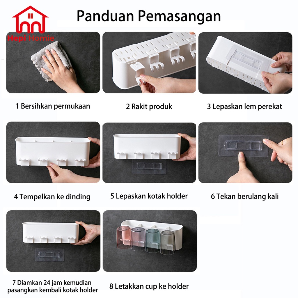 [HH] TOOTHBRUSH HOLDER CUP SET + TOOTHPASTE DISPENSER / RAK GANTUNG TEMPAT SIKAT GIGI &amp; ODOL TEMPEL DINDING / HANGING WALL BRUSHING MOUTHWASH CUPS