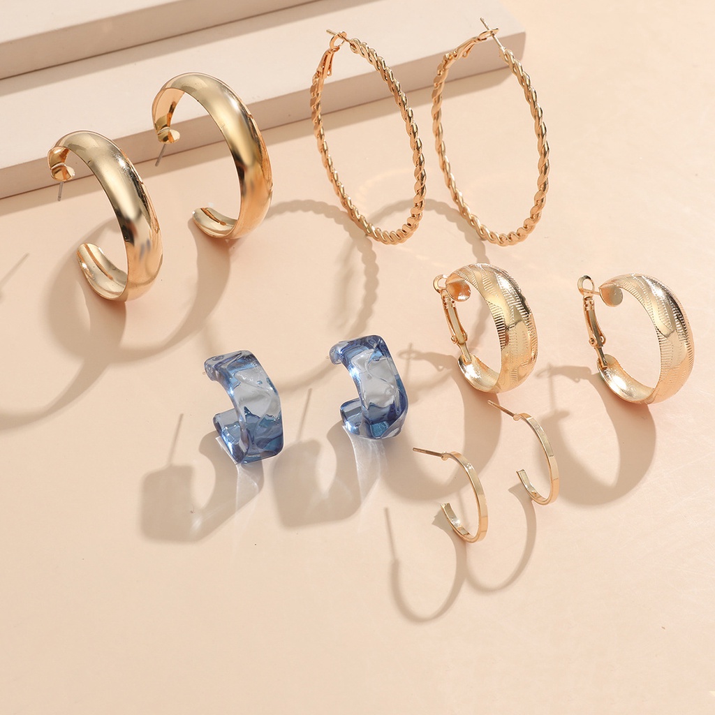 5pcs / set Anting hoop Bentuk C Geometris Bahan alloy Gaya Eropa Amerika