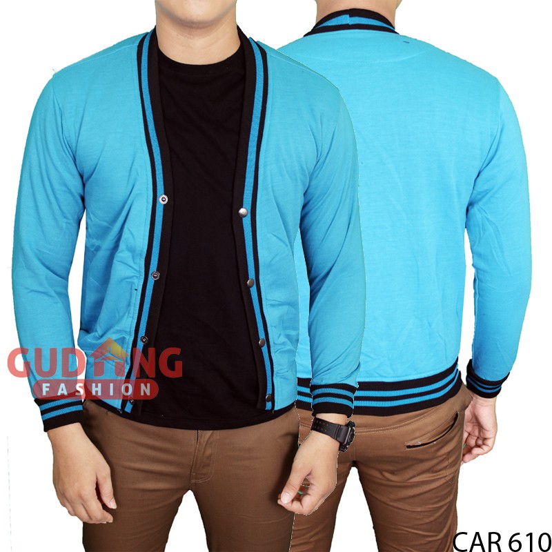 Cardigan Fleece Biru Muda Basic Polos Panjang Pria CAR 610