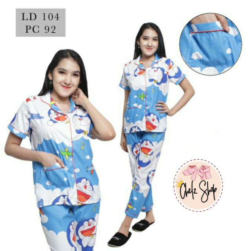 Baju Tidur Piyama Wanita/Cewek Pajamas Dewasa Katun Motif Doraemon Awan