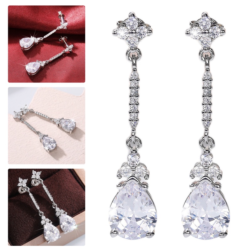 Anting Tusuk Gantung Wanita Hias Kristal Cubic Zirconia Warna Silver Untuk Pernikahan