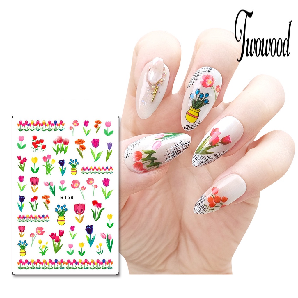 Twowood 1 Set Stiker Kuku Motif Bunga Tulip Bahan Resin Anti Air Untuk Nail Art DIY