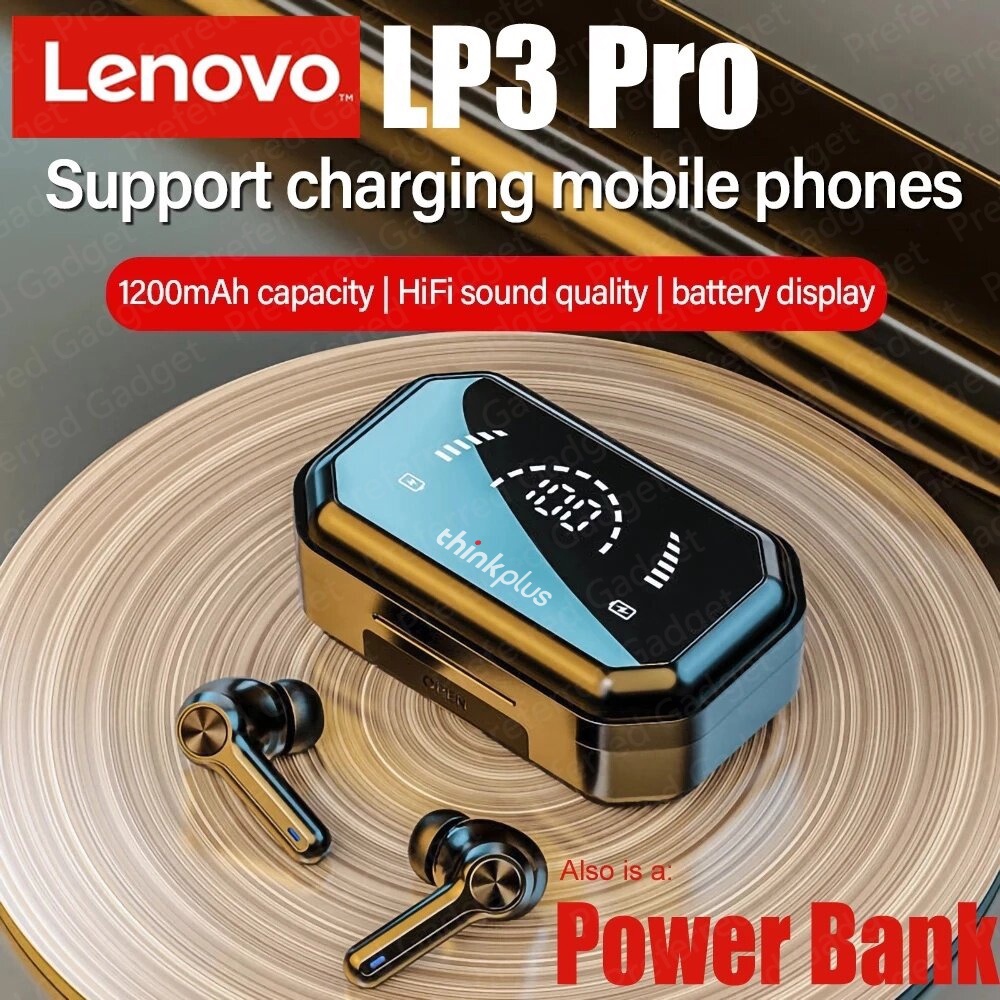 Lenovo LP3 PRO TWS Headset Bluetooth 5.0 Earphone 1200 MAh Kapasitas Besar Baterai Nirkabel Earbuds HIFI Musik dengan Display