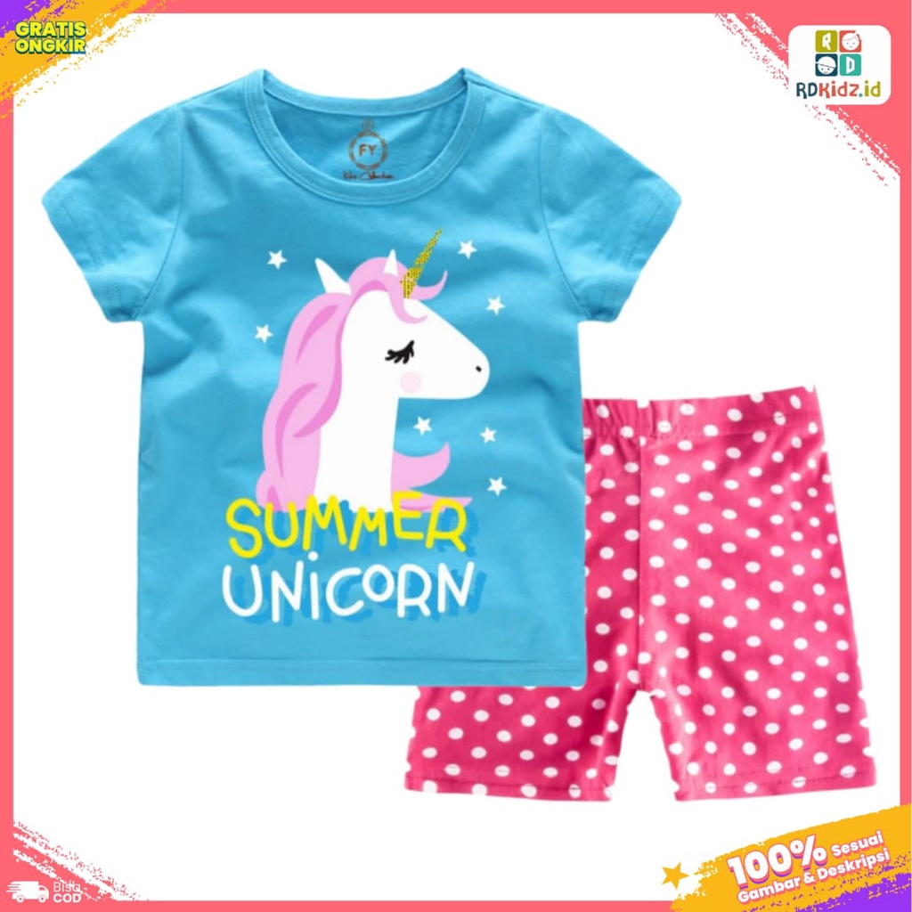 Rdkidzid Setelan Lengan Pendek Anak Perempuan Set Anak Cewek Smile Unicorn Biru