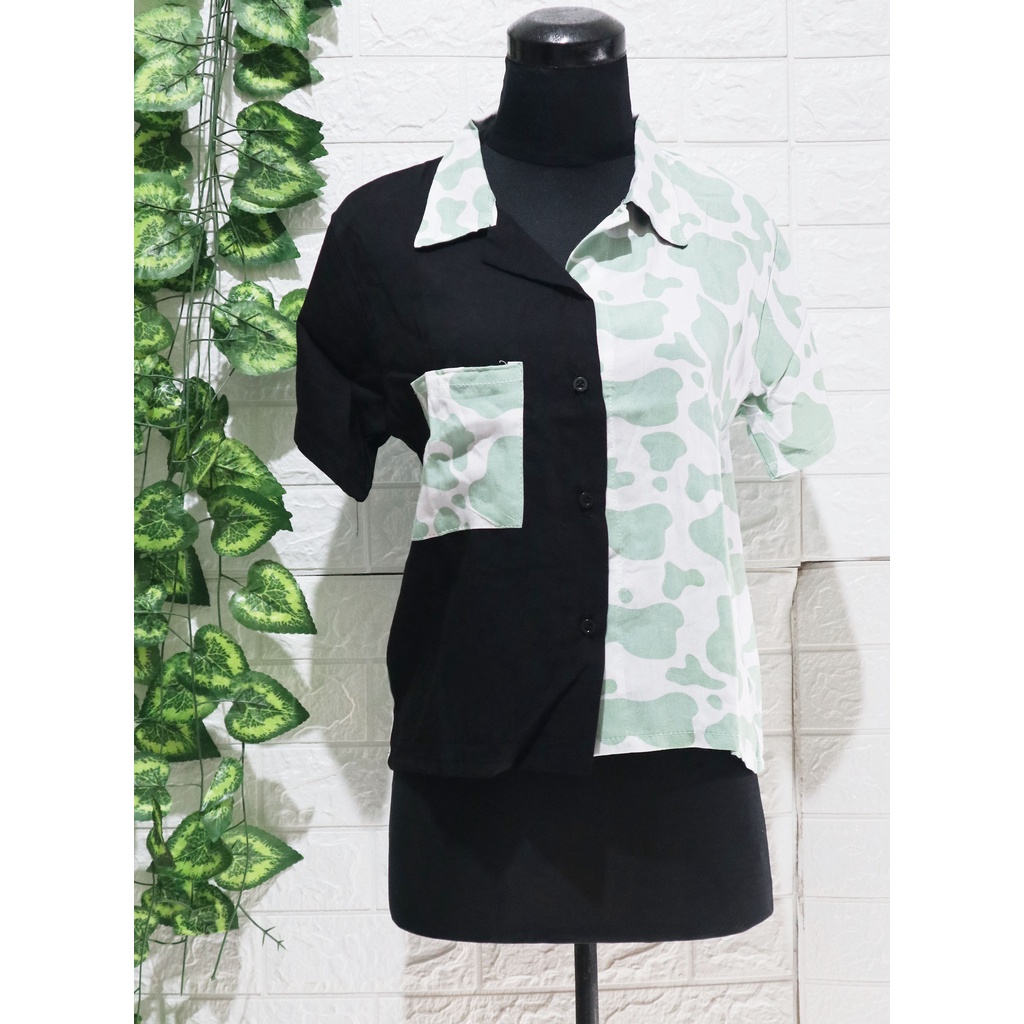 Baju Kemeja Wanita Two Tone Animal Kekinian / Kemeja dua warna / Top Wanita / Atasan Wanita-Sapi Mint