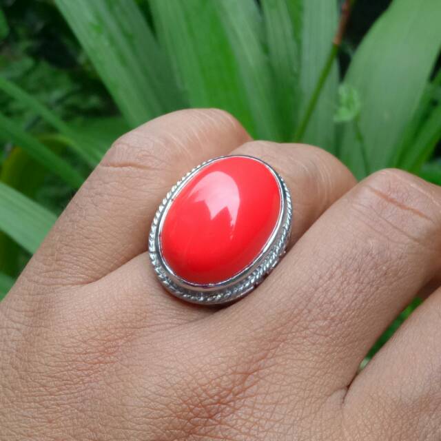 Cincin batu red redish marjan dim jumbo dengan ring tanam anti luntur