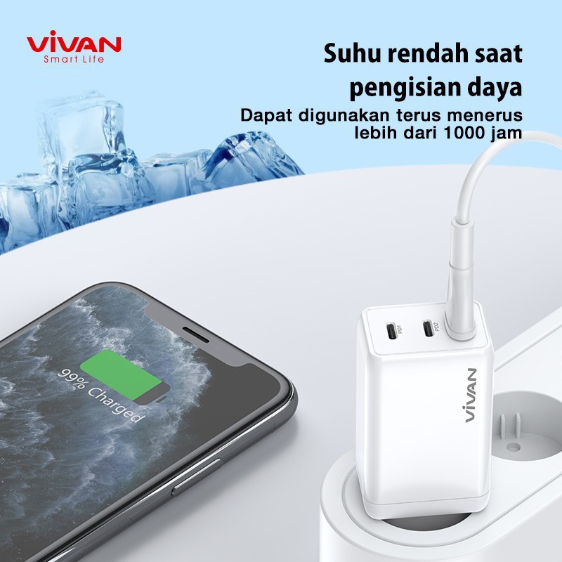 Charger VIVAN GaN01 65W 5A 3 Output PD QC3.0 QC4.0 Port Quick Charge - Garansi Resmi 1 Tahun