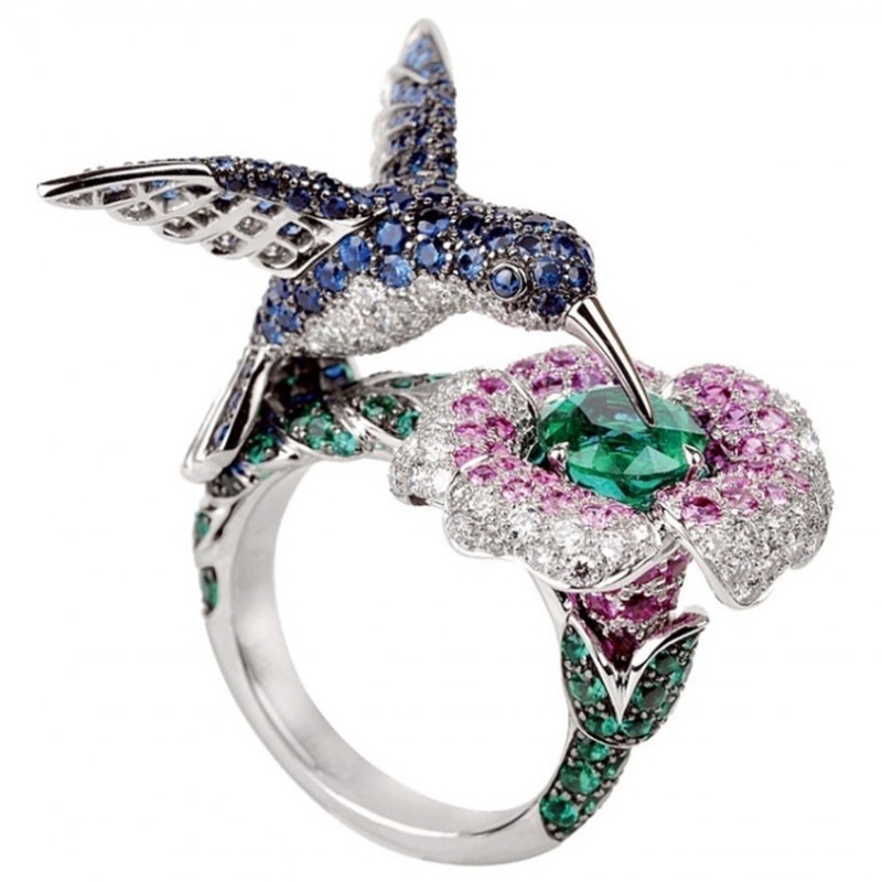 SEUSUK  Fashion Popular Silver Ring Bird Flower Natural Gemstones Sapphire &amp; Emerald Ring Jewelry