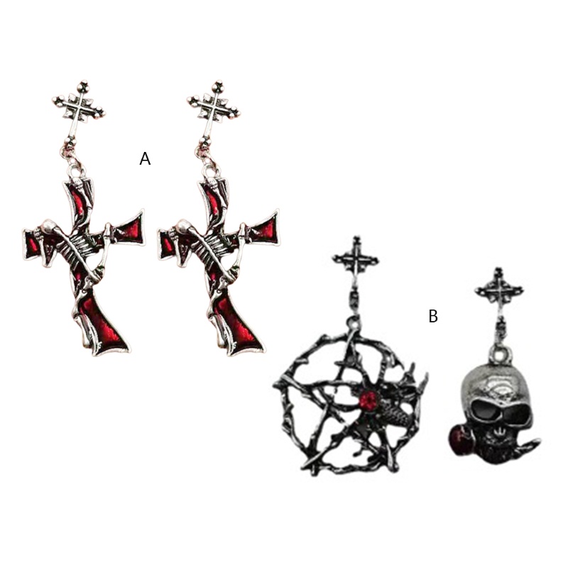 Siy 1 Pasang Anting Tusuk Gantung Bahan Metal Desain Salib Merahberlian Imitasi Gaya Gothicpunk Untuk Wanita