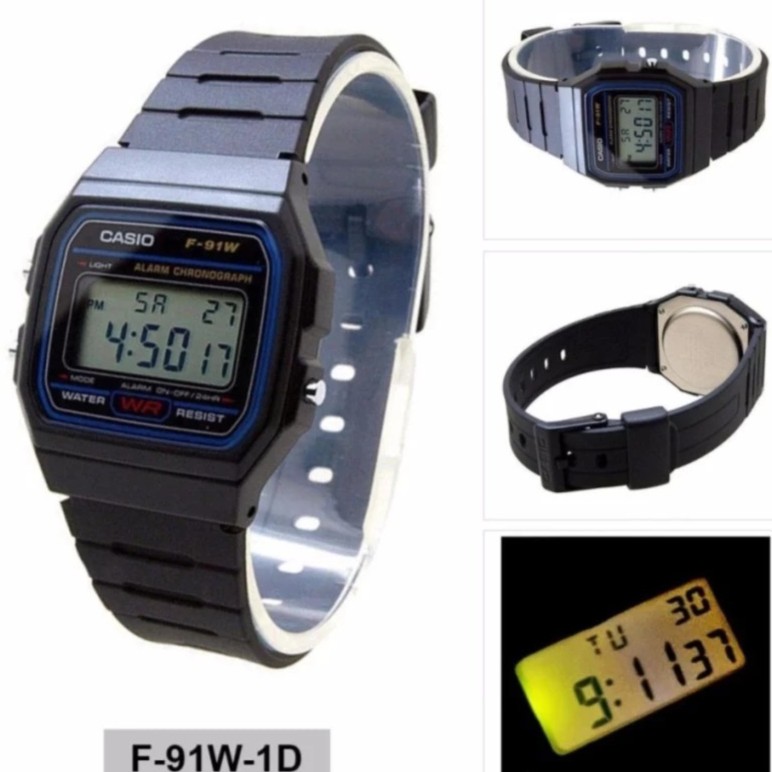 Casio Original F-91W-1D / F-91W-3D / F91W-1DG / F91WG-9Q Jam Tangan Pria Digital Karet Hitam